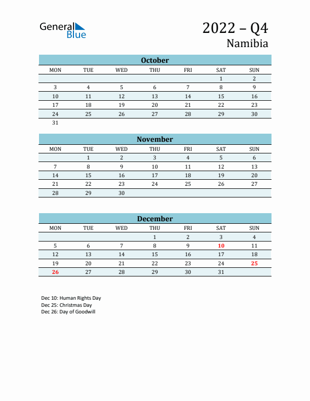 Three-Month Planner for Q4 2022 with Holidays - Namibia