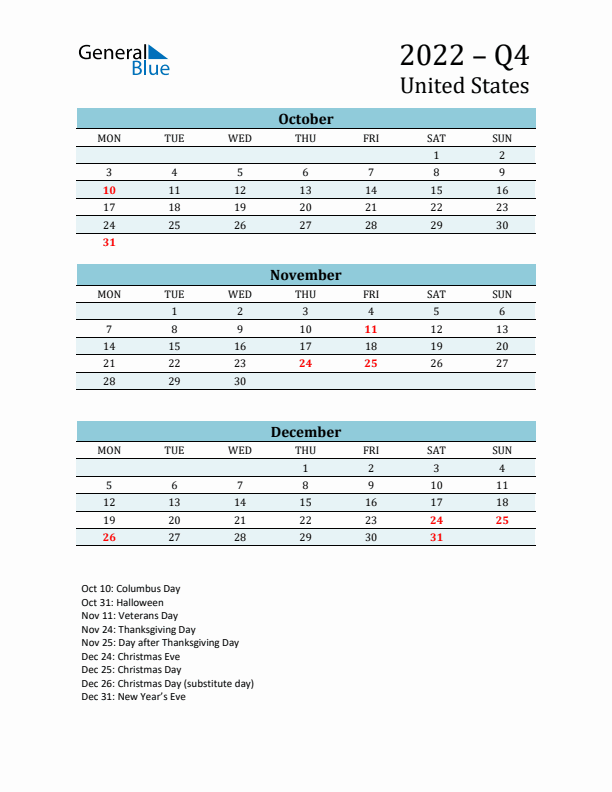 Three-Month Planner for Q4 2022 with Holidays - United States