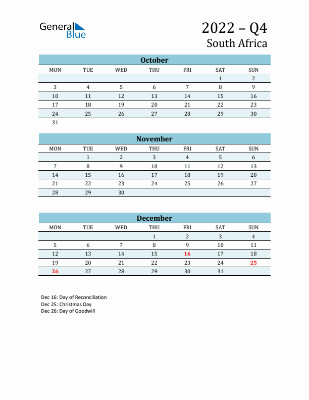 Three-Month Planner for Q4 2022 with Holidays - South Africa