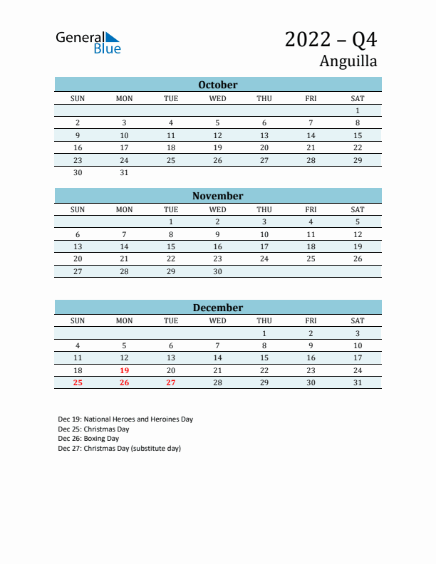 Three-Month Planner for Q4 2022 with Holidays - Anguilla