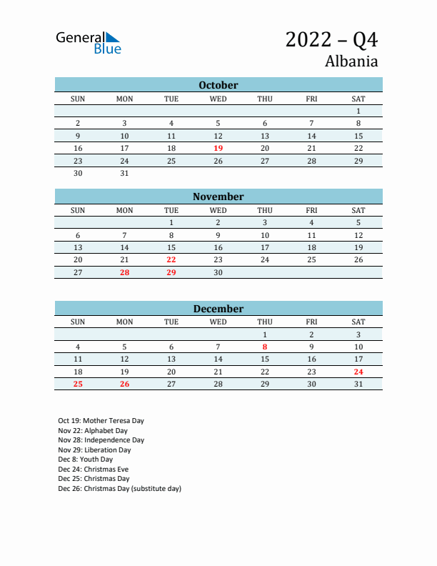 Three-Month Planner for Q4 2022 with Holidays - Albania