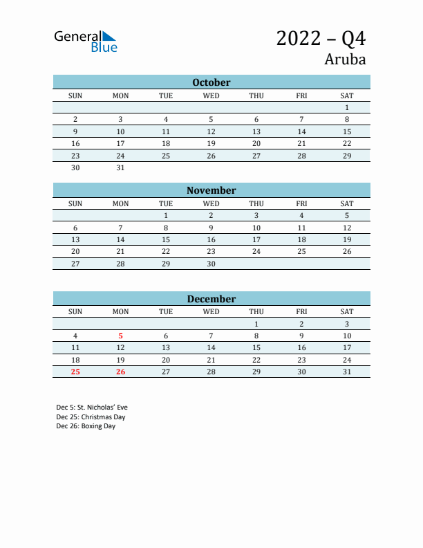 Three-Month Planner for Q4 2022 with Holidays - Aruba