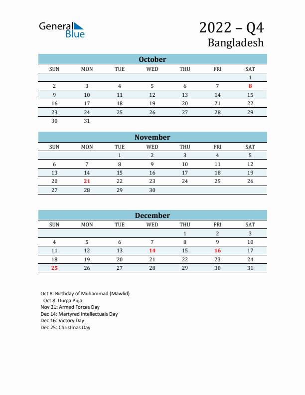 Three-Month Planner for Q4 2022 with Holidays - Bangladesh