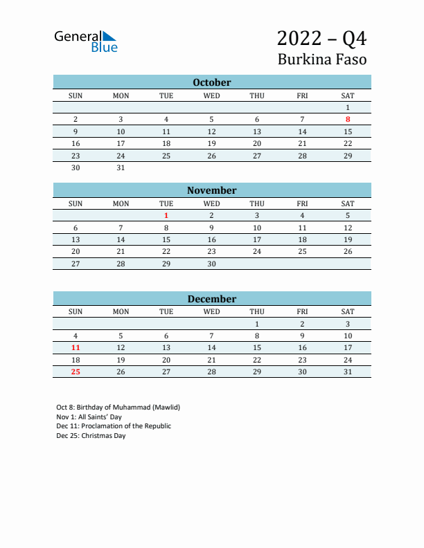 Three-Month Planner for Q4 2022 with Holidays - Burkina Faso