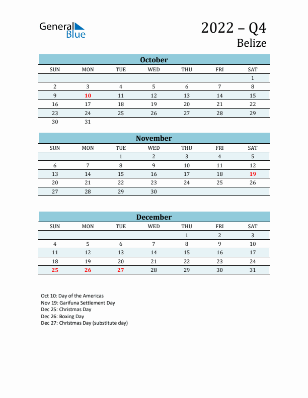 Three-Month Planner for Q4 2022 with Holidays - Belize