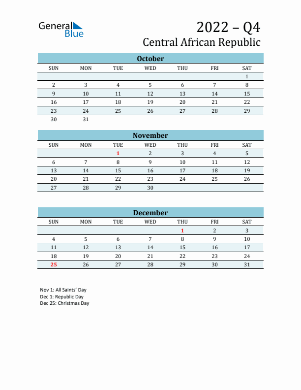 Three-Month Planner for Q4 2022 with Holidays - Central African Republic