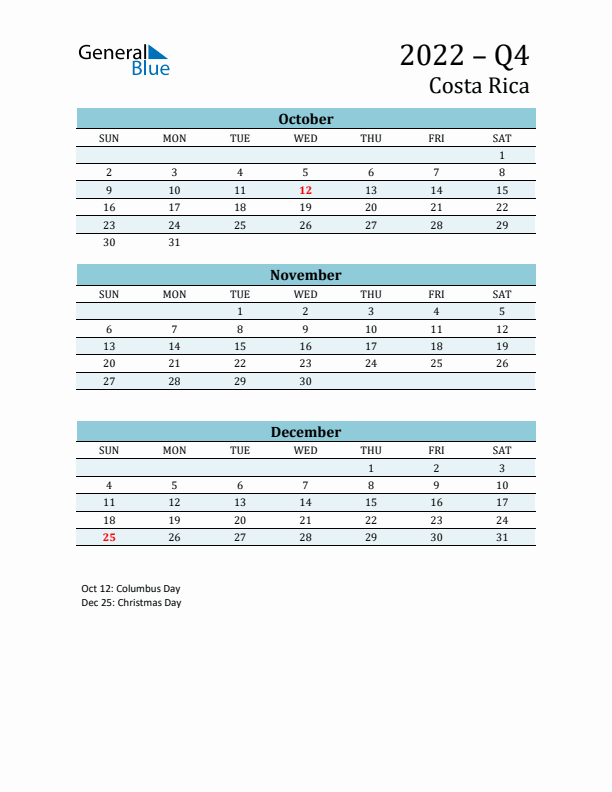 Three-Month Planner for Q4 2022 with Holidays - Costa Rica