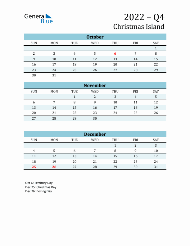 Three-Month Planner for Q4 2022 with Holidays - Christmas Island