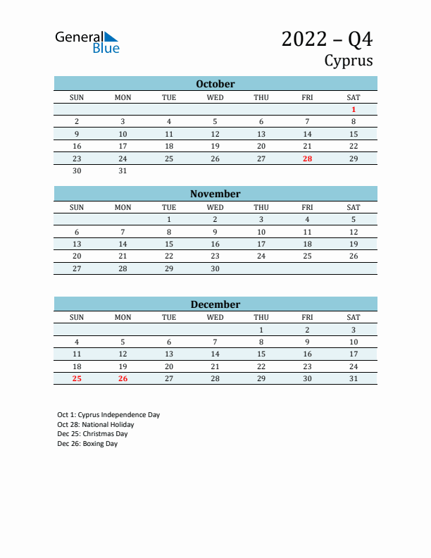 Three-Month Planner for Q4 2022 with Holidays - Cyprus