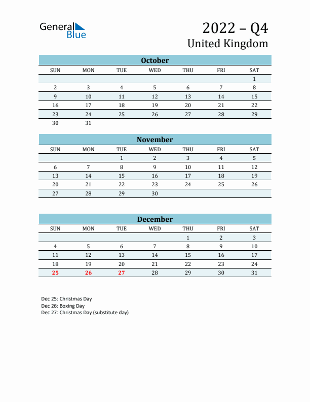 Three-Month Planner for Q4 2022 with Holidays - United Kingdom