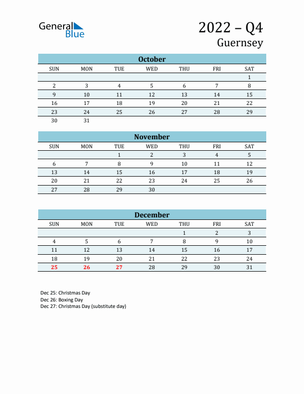 Three-Month Planner for Q4 2022 with Holidays - Guernsey