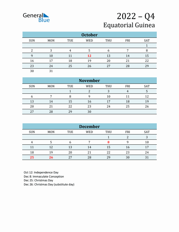 Three-Month Planner for Q4 2022 with Holidays - Equatorial Guinea