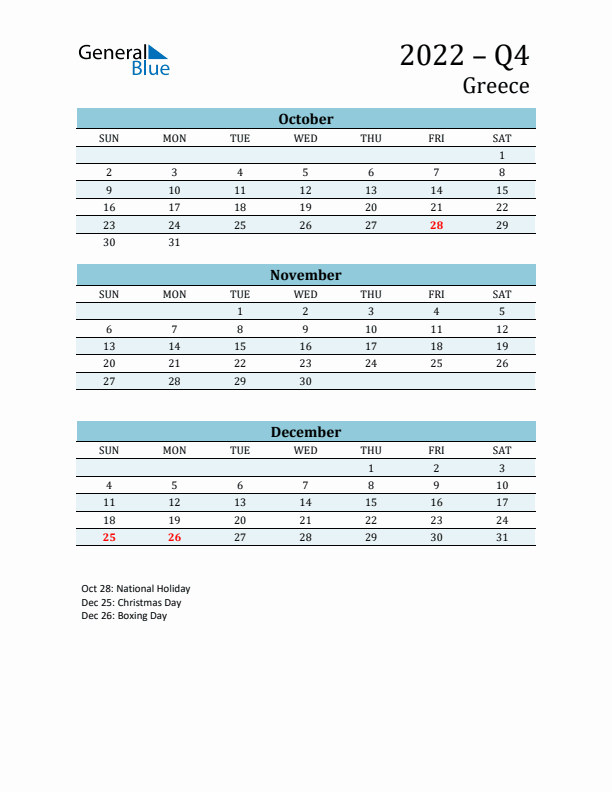 Three-Month Planner for Q4 2022 with Holidays - Greece