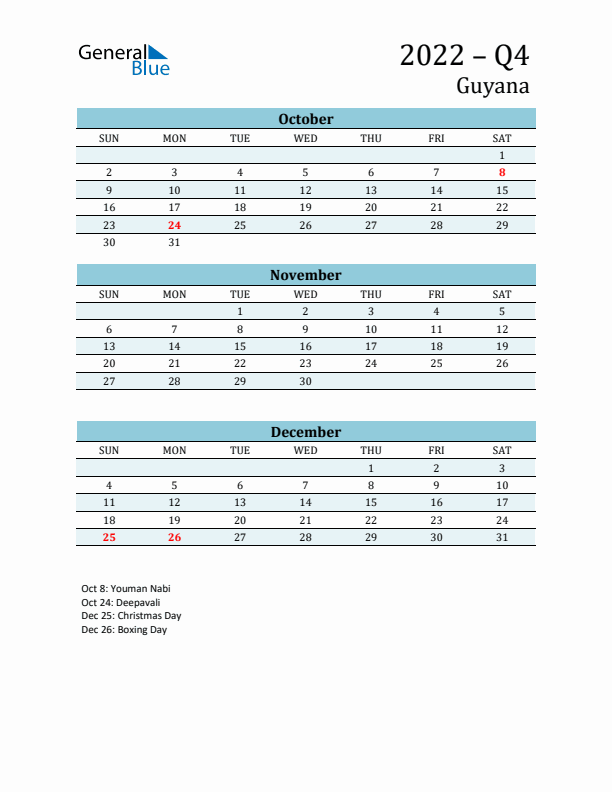 Three-Month Planner for Q4 2022 with Holidays - Guyana