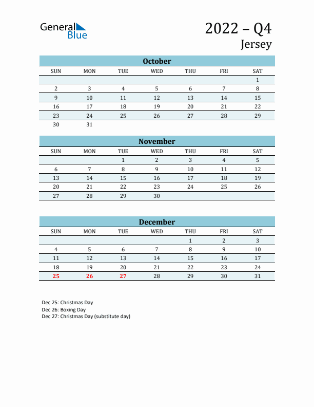 Three-Month Planner for Q4 2022 with Holidays - Jersey