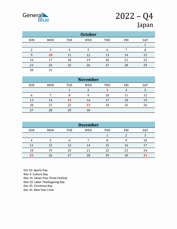 Three-Month Planner for Q4 2022 with Holidays - Japan