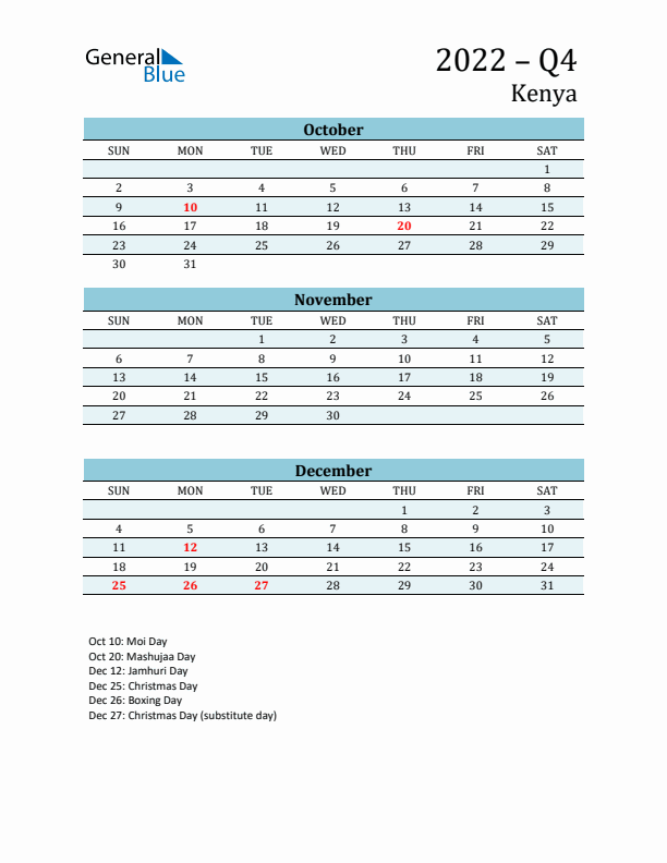 Three-Month Planner for Q4 2022 with Holidays - Kenya