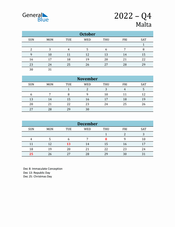 Three-Month Planner for Q4 2022 with Holidays - Malta