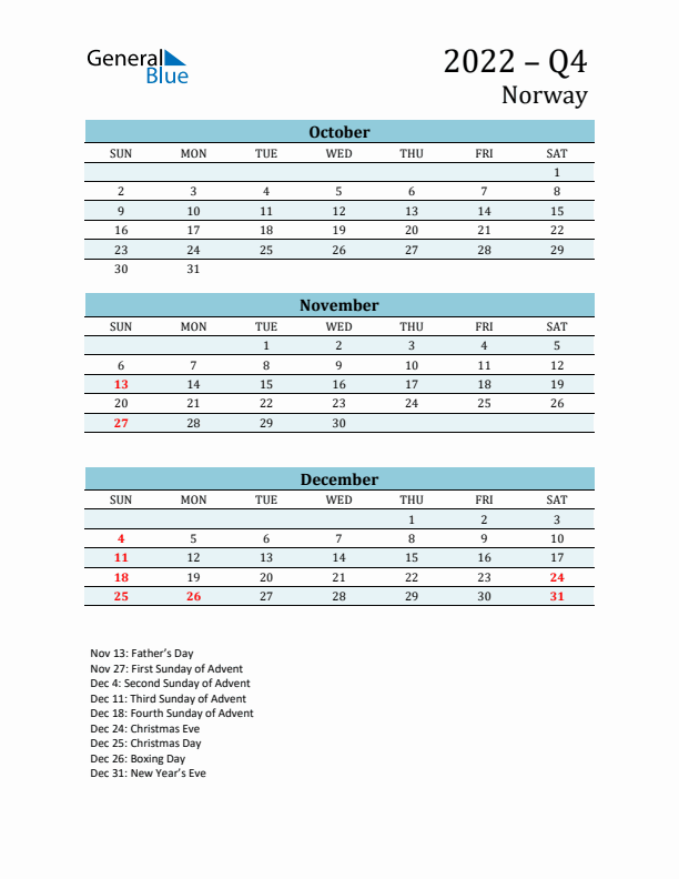 Three-Month Planner for Q4 2022 with Holidays - Norway