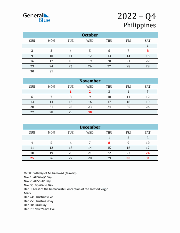 Three-Month Planner for Q4 2022 with Holidays - Philippines