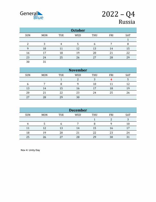 Three-Month Planner for Q4 2022 with Holidays - Russia