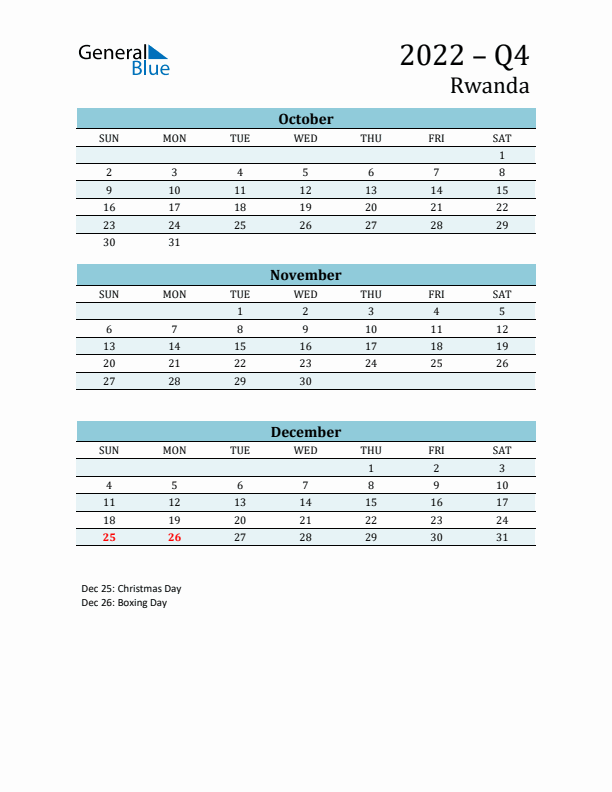 Three-Month Planner for Q4 2022 with Holidays - Rwanda