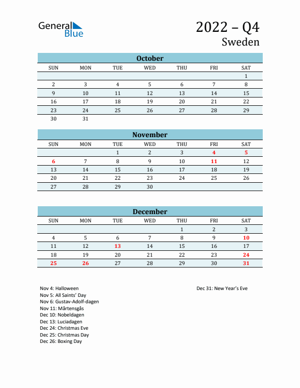 Three-Month Planner for Q4 2022 with Holidays - Sweden