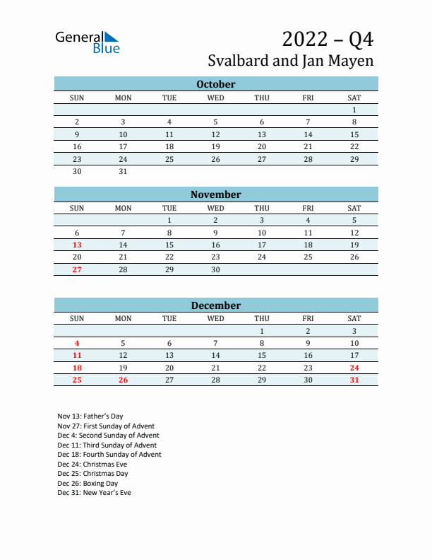 Three-Month Planner for Q4 2022 with Holidays - Svalbard and Jan Mayen