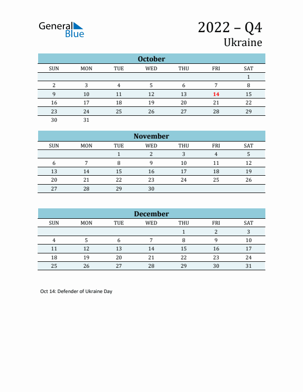 Three-Month Planner for Q4 2022 with Holidays - Ukraine