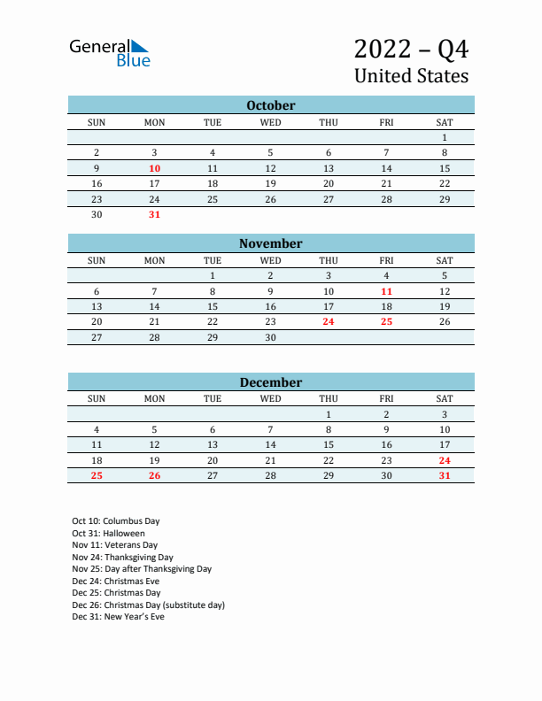 Three-Month Planner for Q4 2022 with Holidays - United States