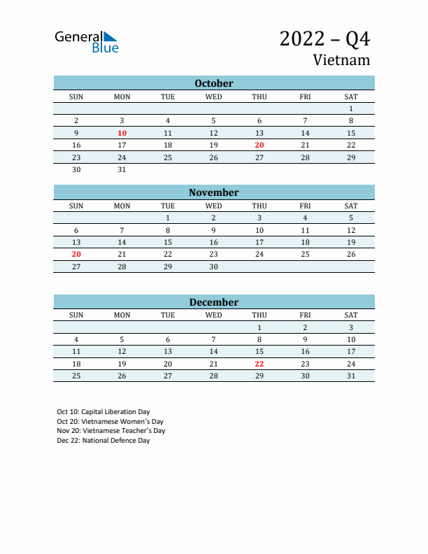 Three-Month Planner for Q4 2022 with Holidays - Vietnam