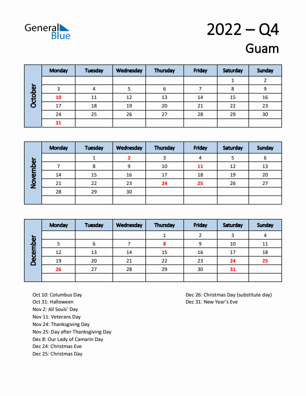 Free Q4 2022 Calendar for Guam - Monday Start