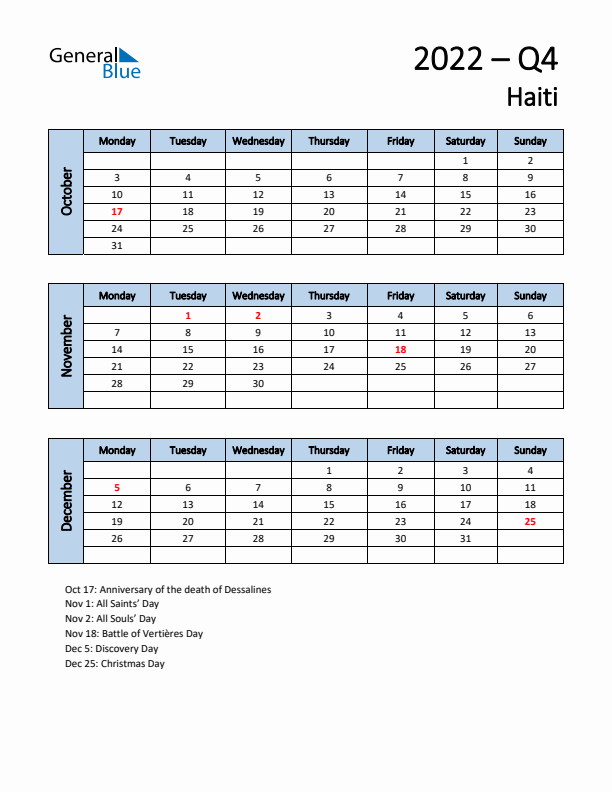 Free Q4 2022 Calendar for Haiti - Monday Start