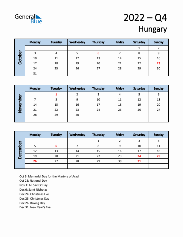 Free Q4 2022 Calendar for Hungary - Monday Start