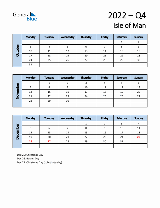 Free Q4 2022 Calendar for Isle of Man - Monday Start