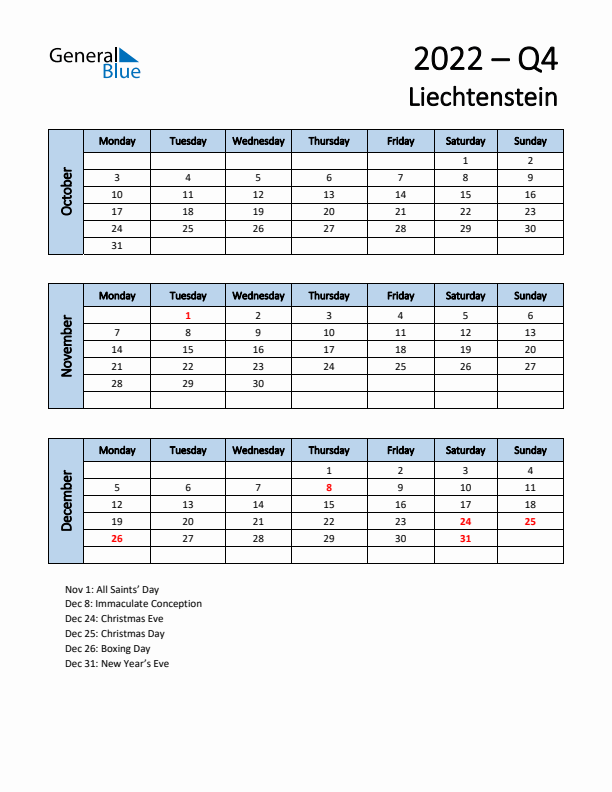 Free Q4 2022 Calendar for Liechtenstein - Monday Start