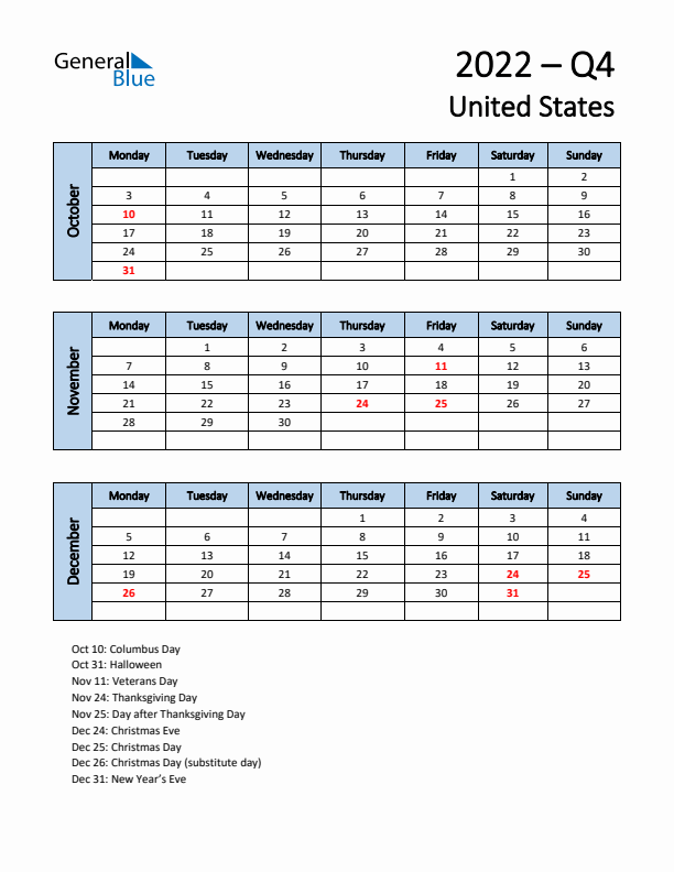 Free Q4 2022 Calendar for United States - Monday Start