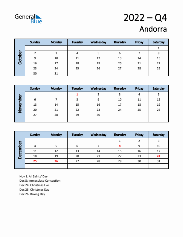 Free Q4 2022 Calendar for Andorra - Sunday Start