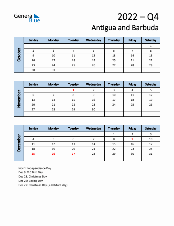 Free Q4 2022 Calendar for Antigua and Barbuda - Sunday Start