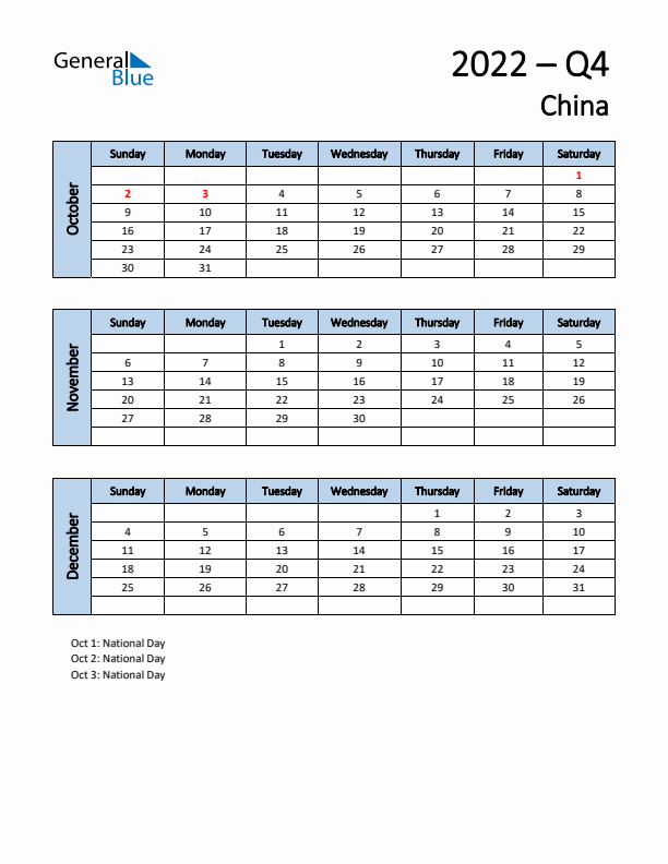 Free Q4 2022 Calendar for China - Sunday Start