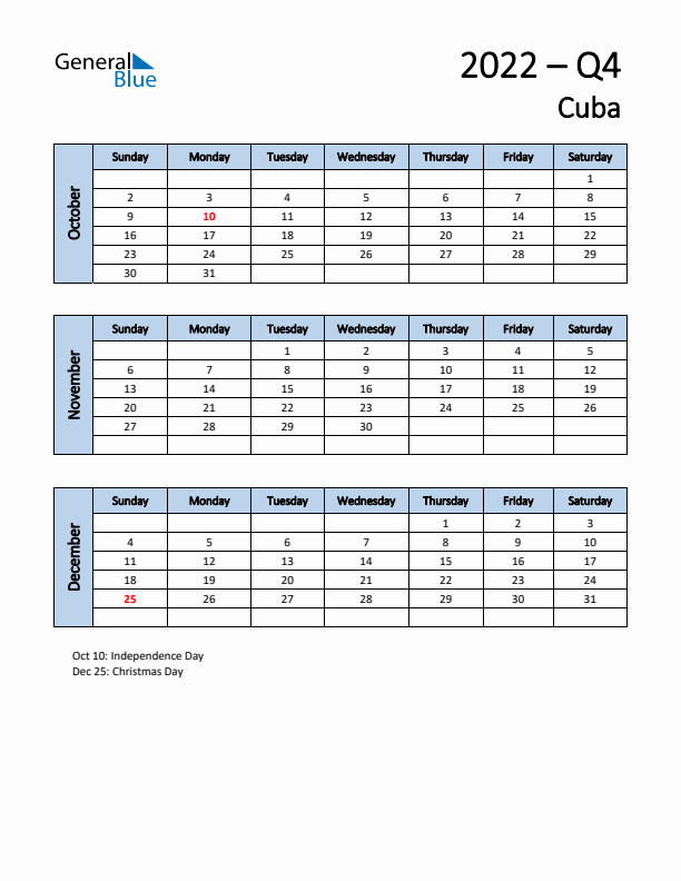 Free Q4 2022 Calendar for Cuba - Sunday Start