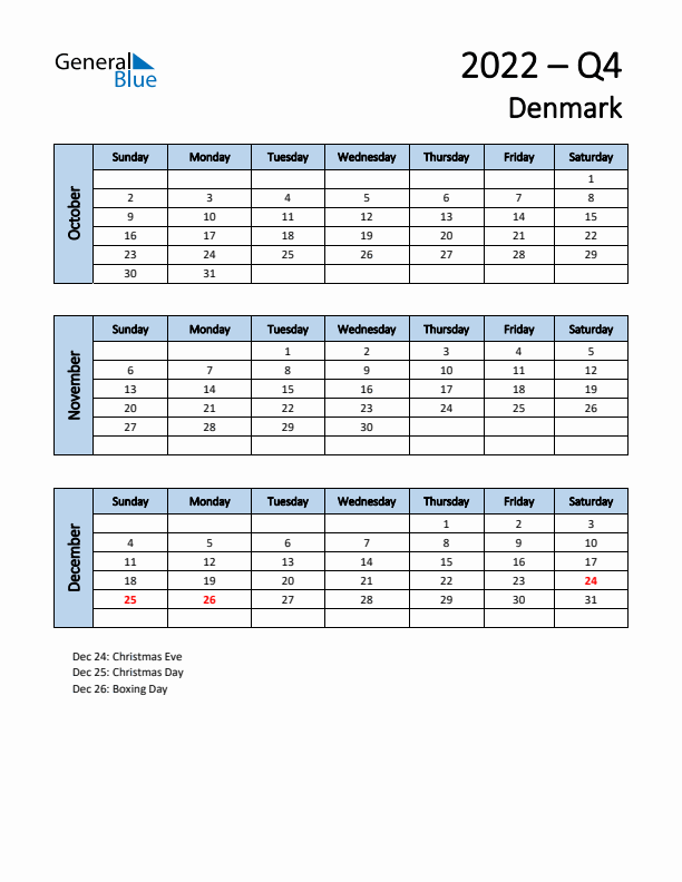 Free Q4 2022 Calendar for Denmark - Sunday Start