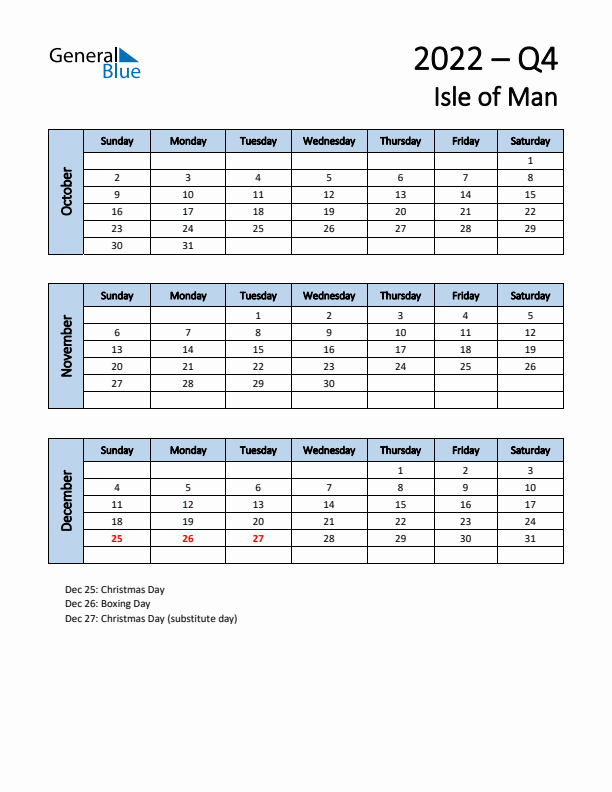 Free Q4 2022 Calendar for Isle of Man - Sunday Start