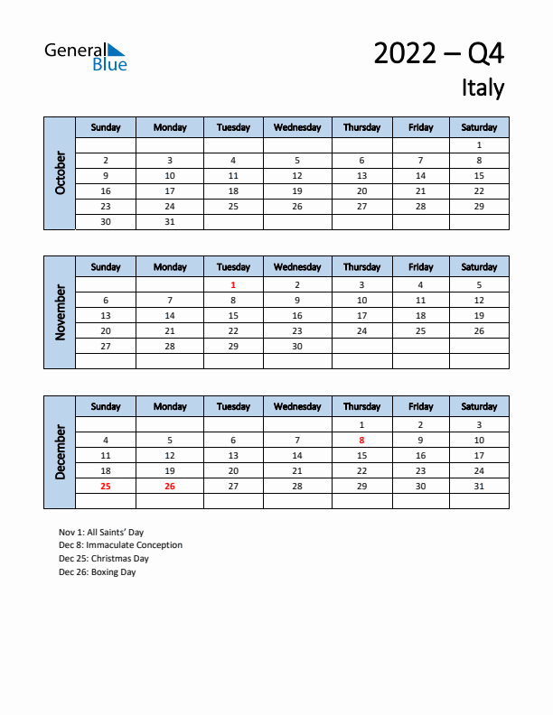 Free Q4 2022 Calendar for Italy - Sunday Start