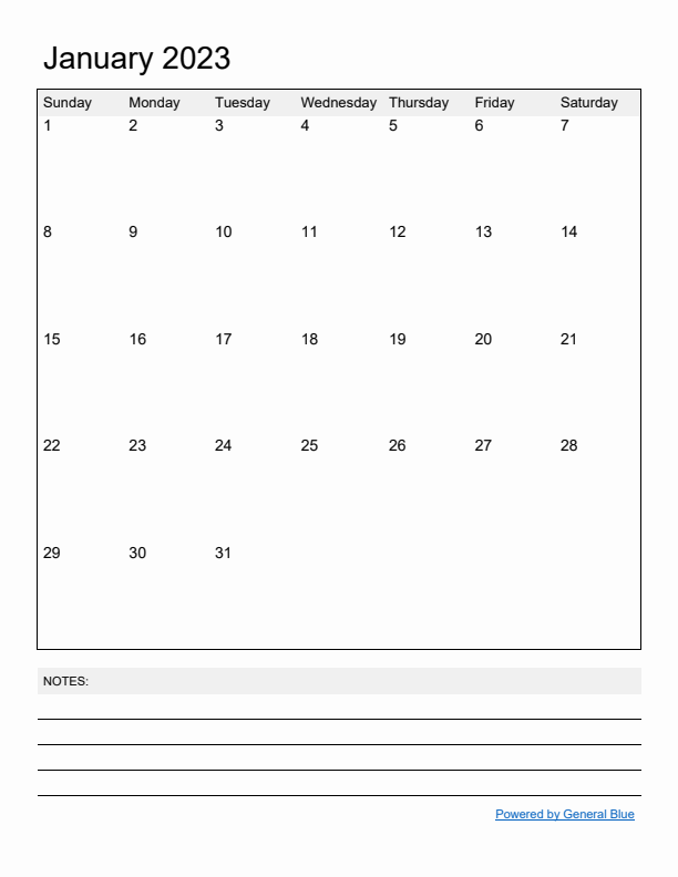 Basic Monthly Calendar Template for January 2023