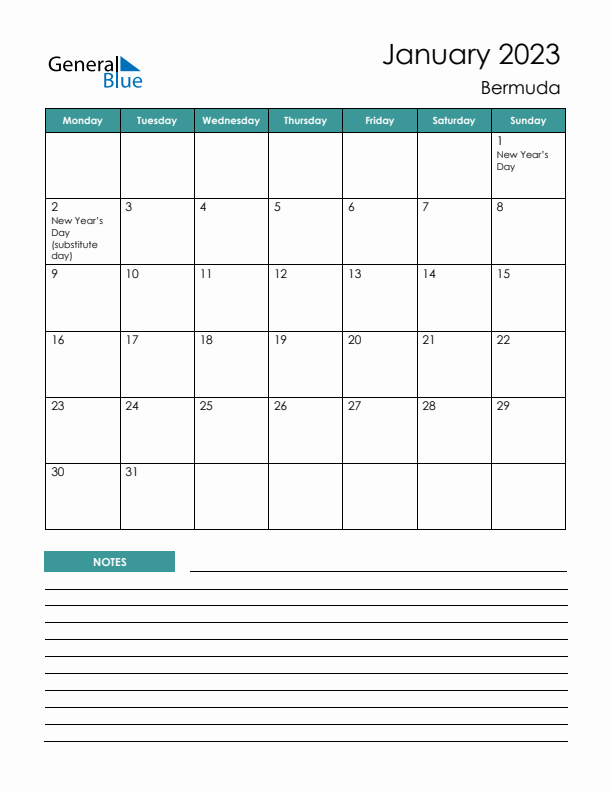 Calendar with Notes Printable - Monday Start