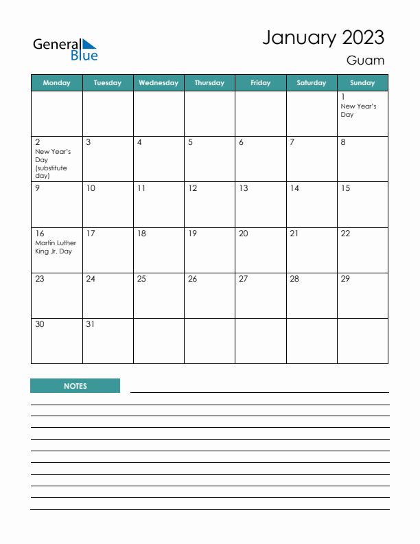 Calendar with Notes Printable - Monday Start