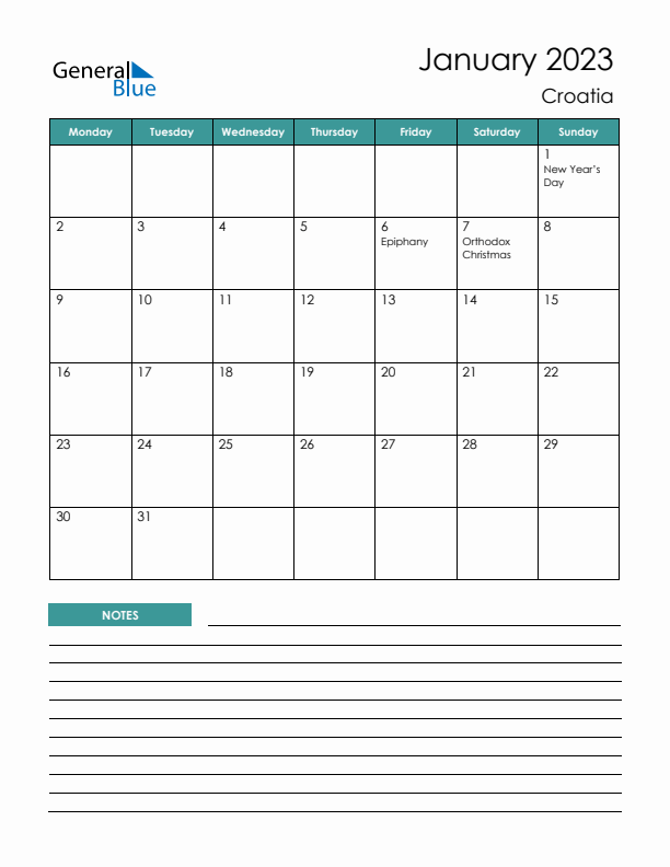 Calendar with Notes Printable - Monday Start