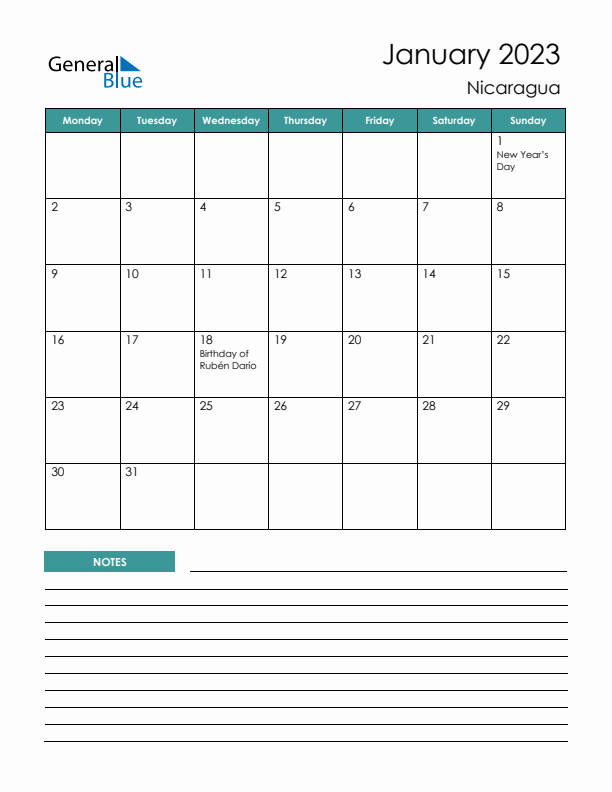 Calendar with Notes Printable - Monday Start