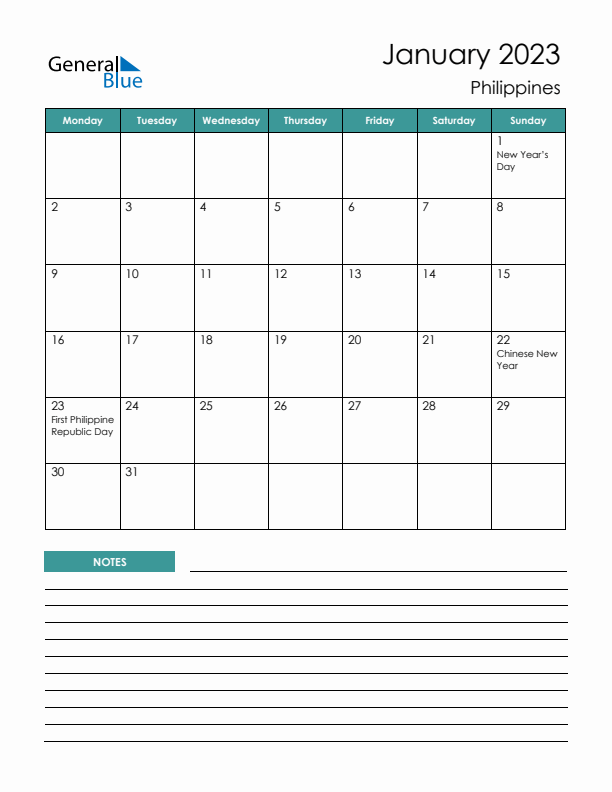 Calendar with Notes Printable - Monday Start